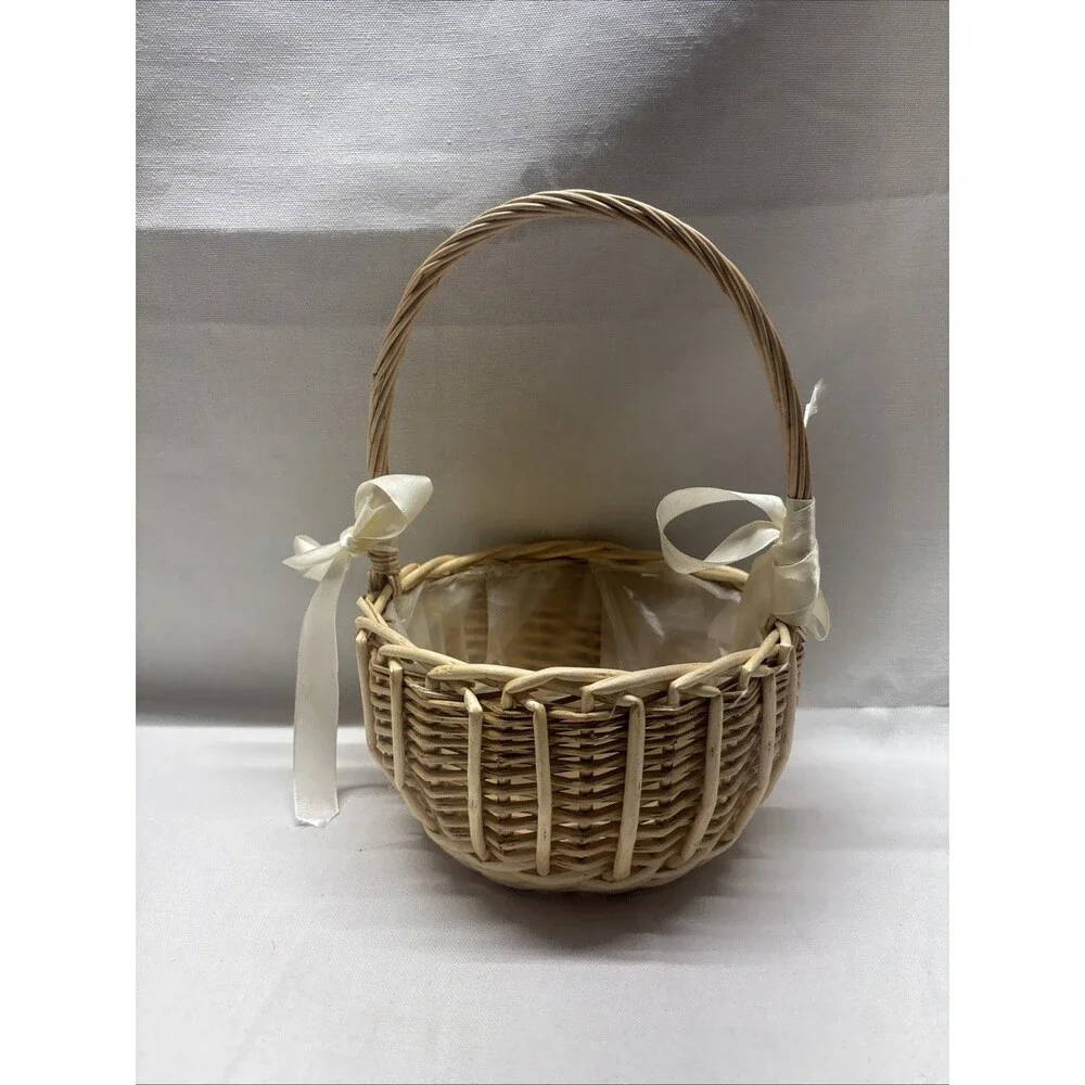 Rattan Flower Girl Basket Wicker Wedding Petal Basket Handwoven Rustic W/ Handle